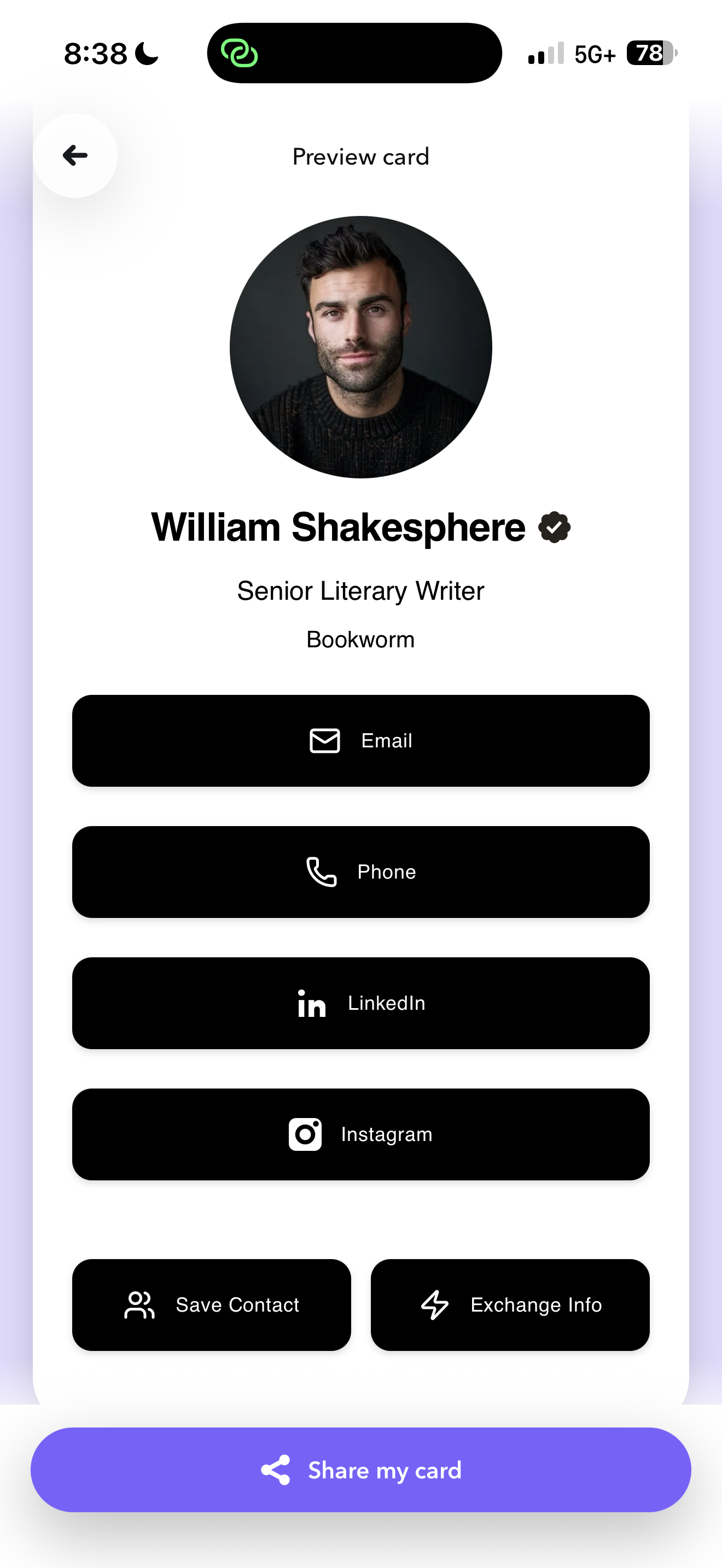 Mobile app preview of a digital card