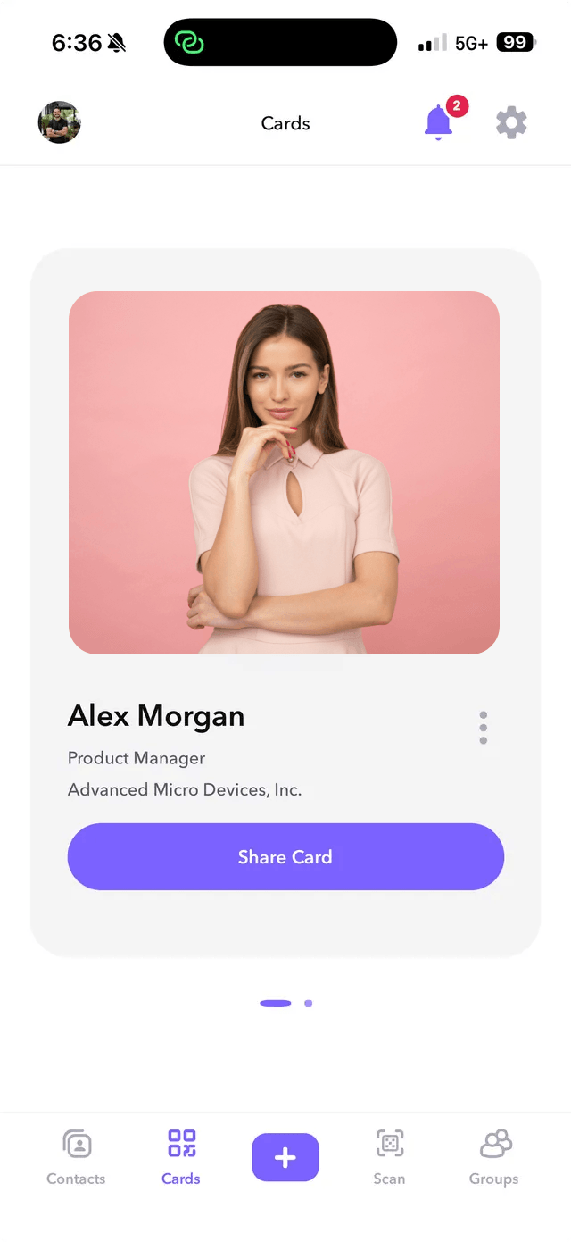 Memento mobile cards screen showing a digital card ready to share